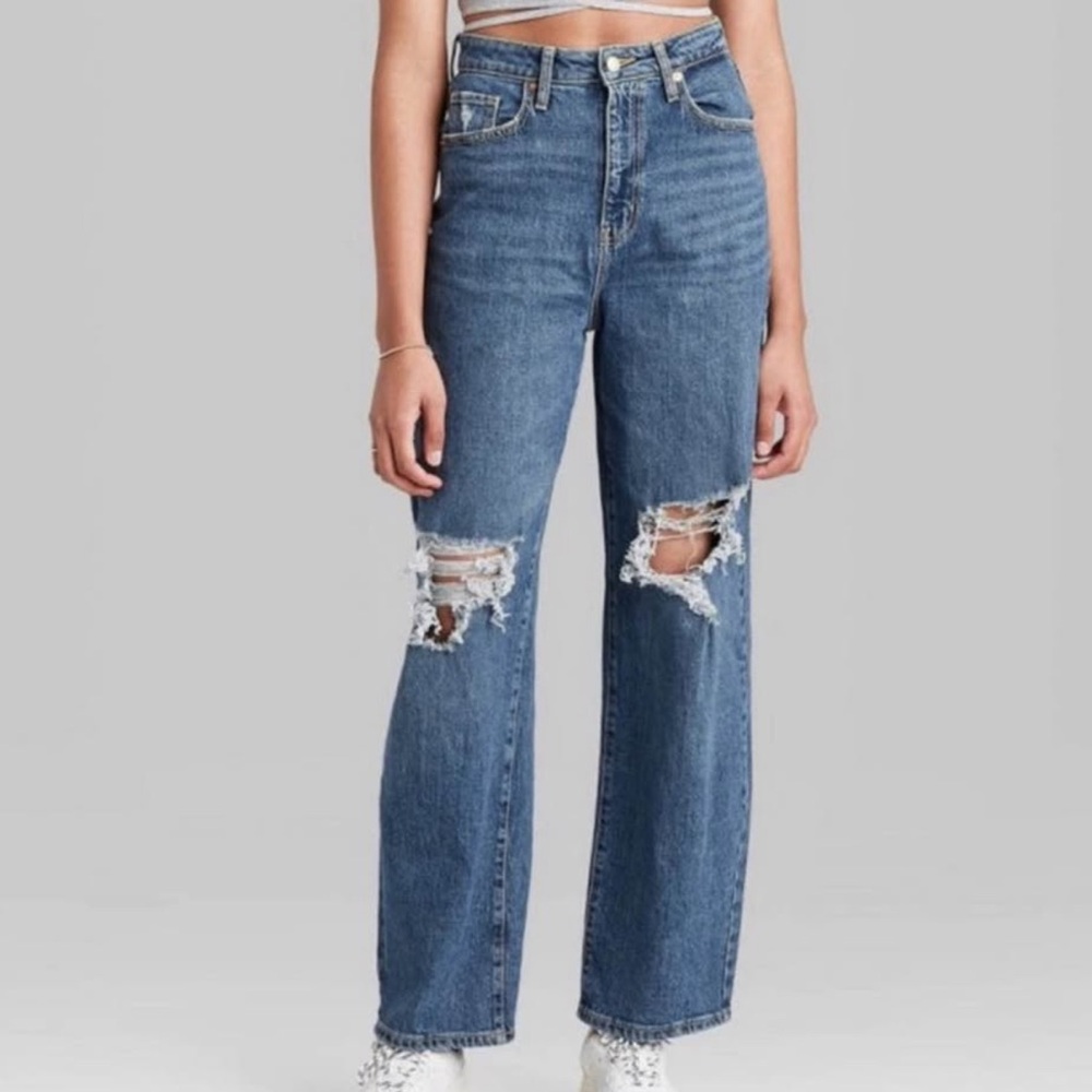 Blue Distressed Wide Leg Jeans